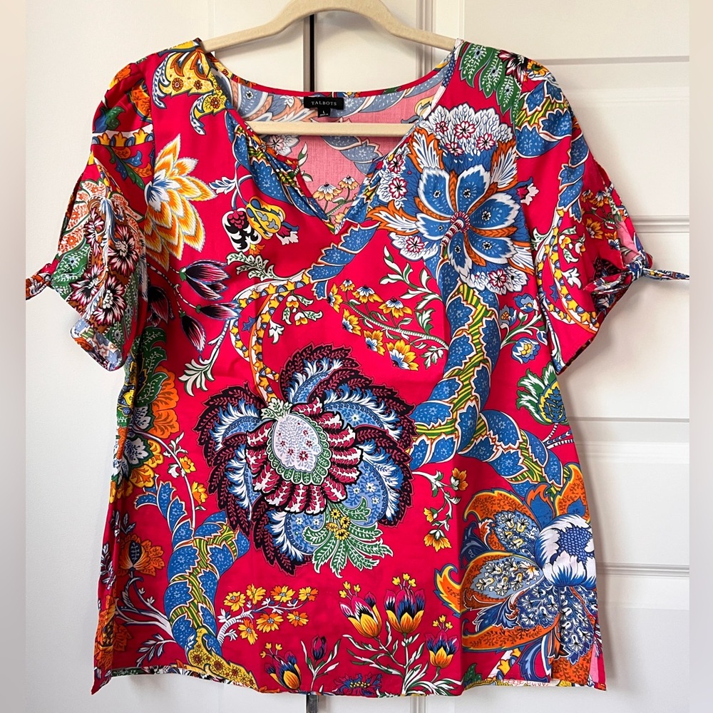 Talbots Vibrant Floral Short Sleeve Cotton Top - Multicolor